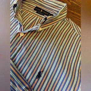 POLO RALPH LAUREN Blue‎ & Orange Striped Button Down Poplin Shirt Size Large
